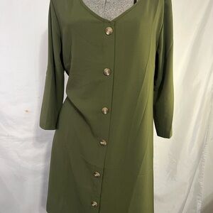 Womens Ladies Long Sleeve Ribbed Buttons‎ Down V Neck Mini Dresse Green Large